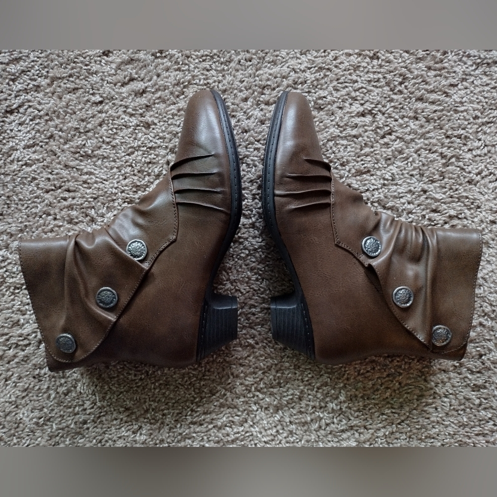 Kadi Maya Brown Faux Leather Ankle Boots with Button Detail
